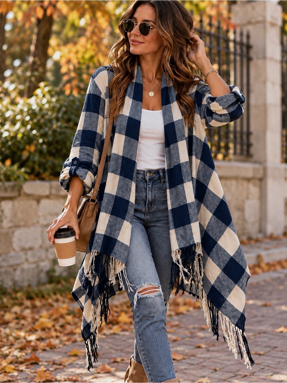 Women’s Blue & Cream Plaid Fringe Open-Front Fringe Flannel